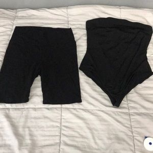Black strapless body suit AND biker legging shorts